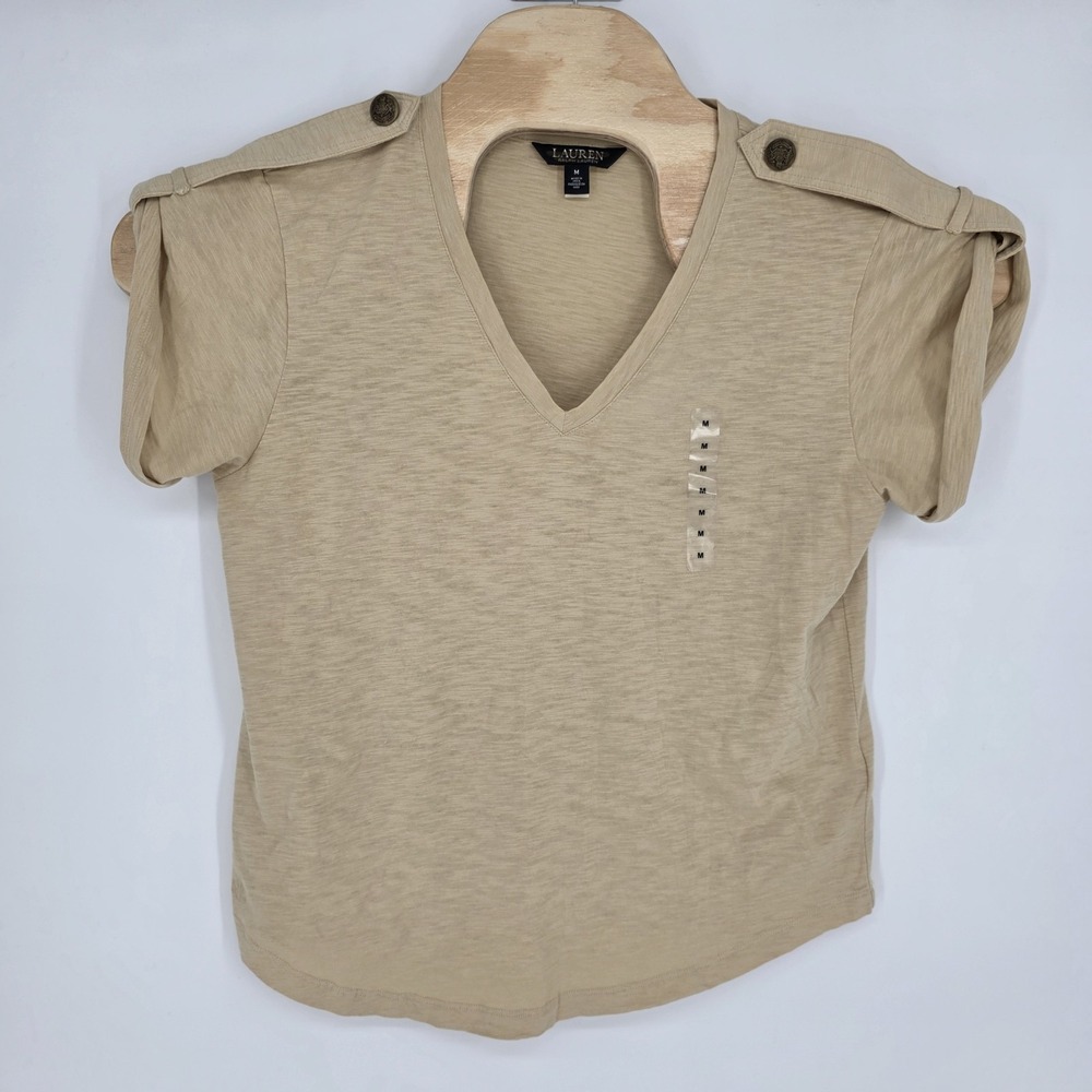 Lauren Ralph Lauren Women's Shirt Med Shoulder Button Epaulette Beige Casual Top